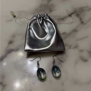 New Painted Oval Drop Earrings with Tree Design